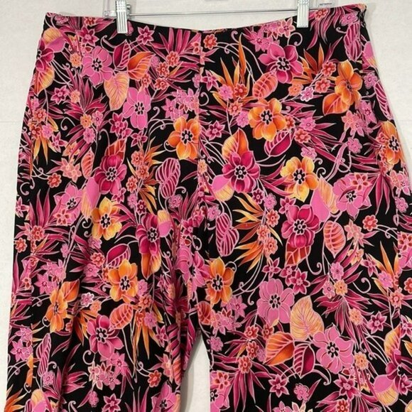 Tiramisu Floral Pants, Side Zip, High Rise, 24" Crop Inseam, Pink Orange Black - Picture 2 of 8